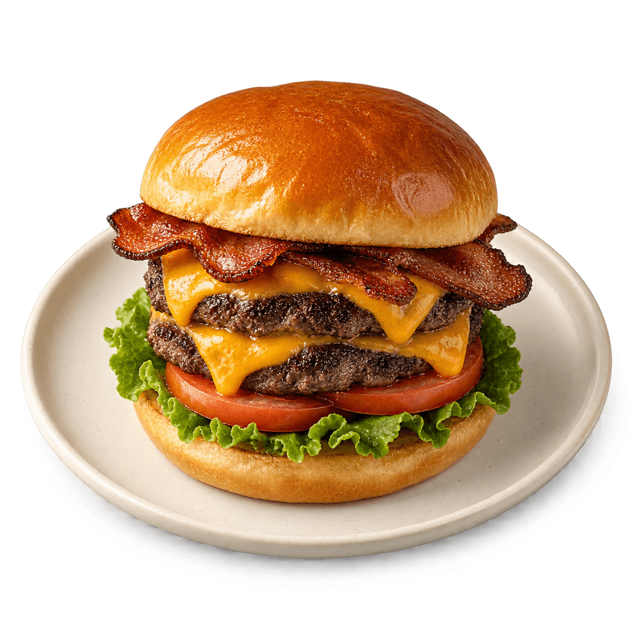 Illustrative bacon cheeseburger on a ceramic plate