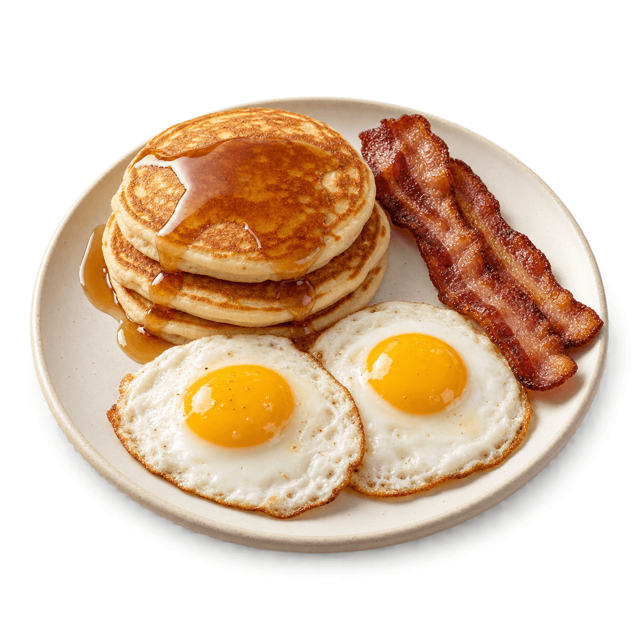Illustrative pancake breakfast with eggs and bacon